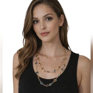Gold Tone Double Strand Station Necklace 44” Layered Bezel Set Stone Necklace